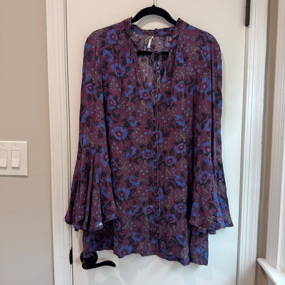 Free People Floral Tunic Top Bell Sleeve Button Up Blouse Bohemian‎ S